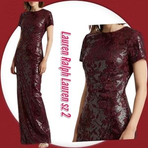 Ralph Lauren All over Sequin Lace Column Short sleeves Formal Maxi Dress
